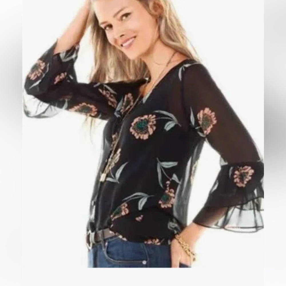 CAbi Black Sheer Blouse with Floral Accents
